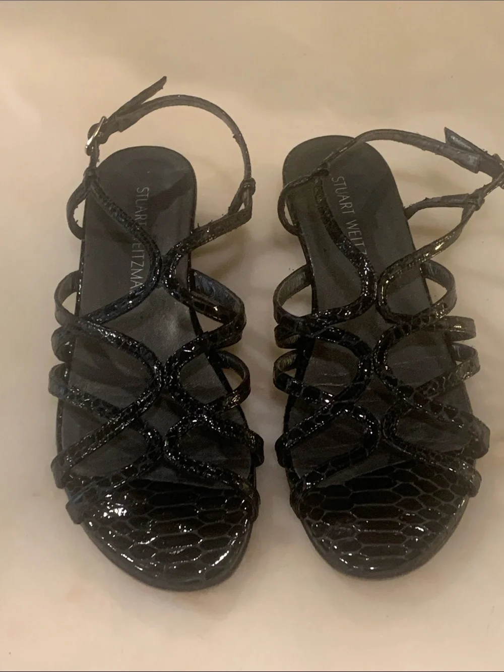 Stuart Weitzman black snake-embossed strappy low-wedge sandals Size 8